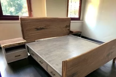 Wooden bed frame with underbed drawers, side table