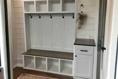 Mudroom Hall Tree with wooden shelf and a cabinet 